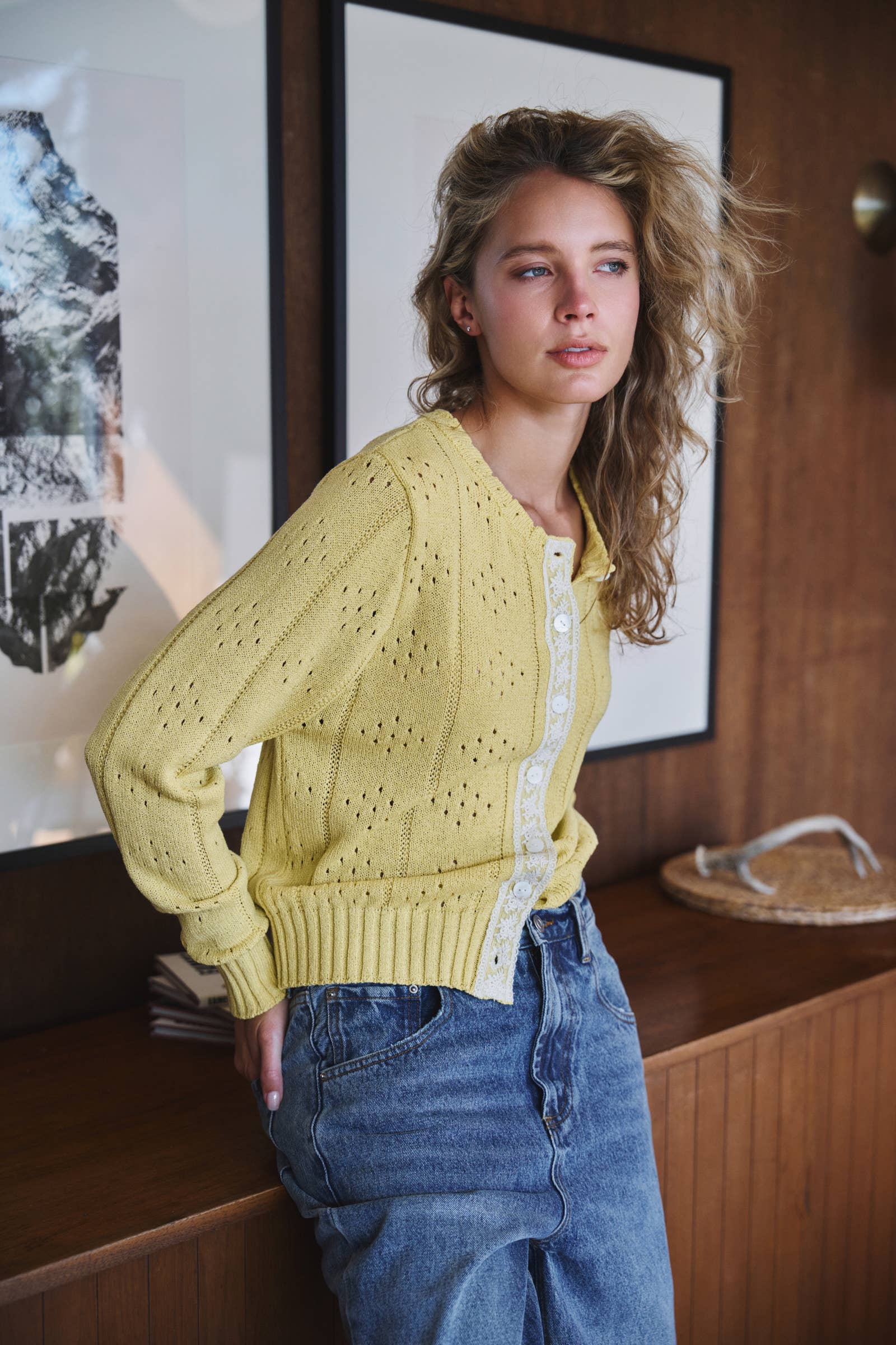 Pointelle Knit Cardigan Lace Trim Button Down