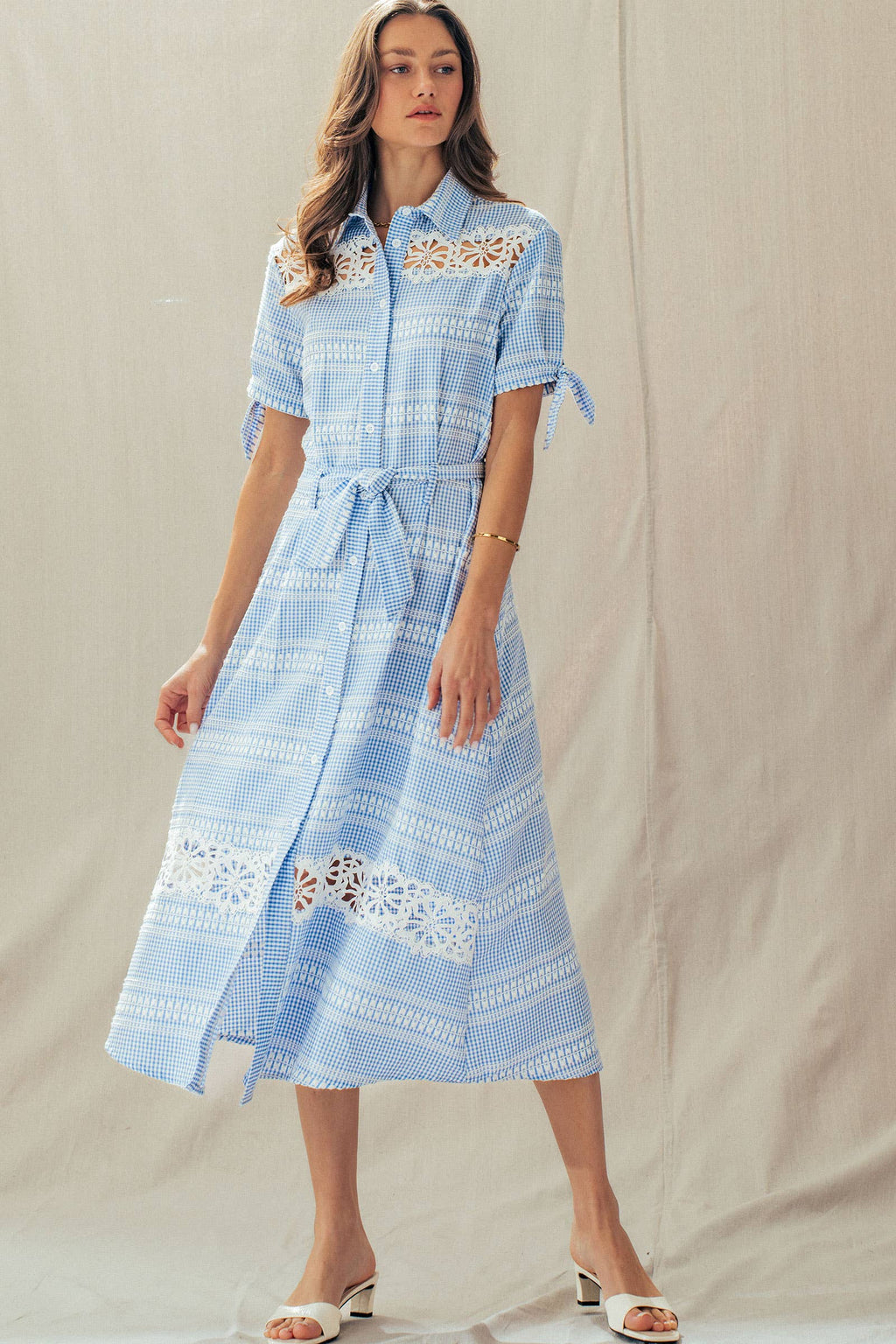 Gingham Cotton Shirt Dress Eyelet Embroidery