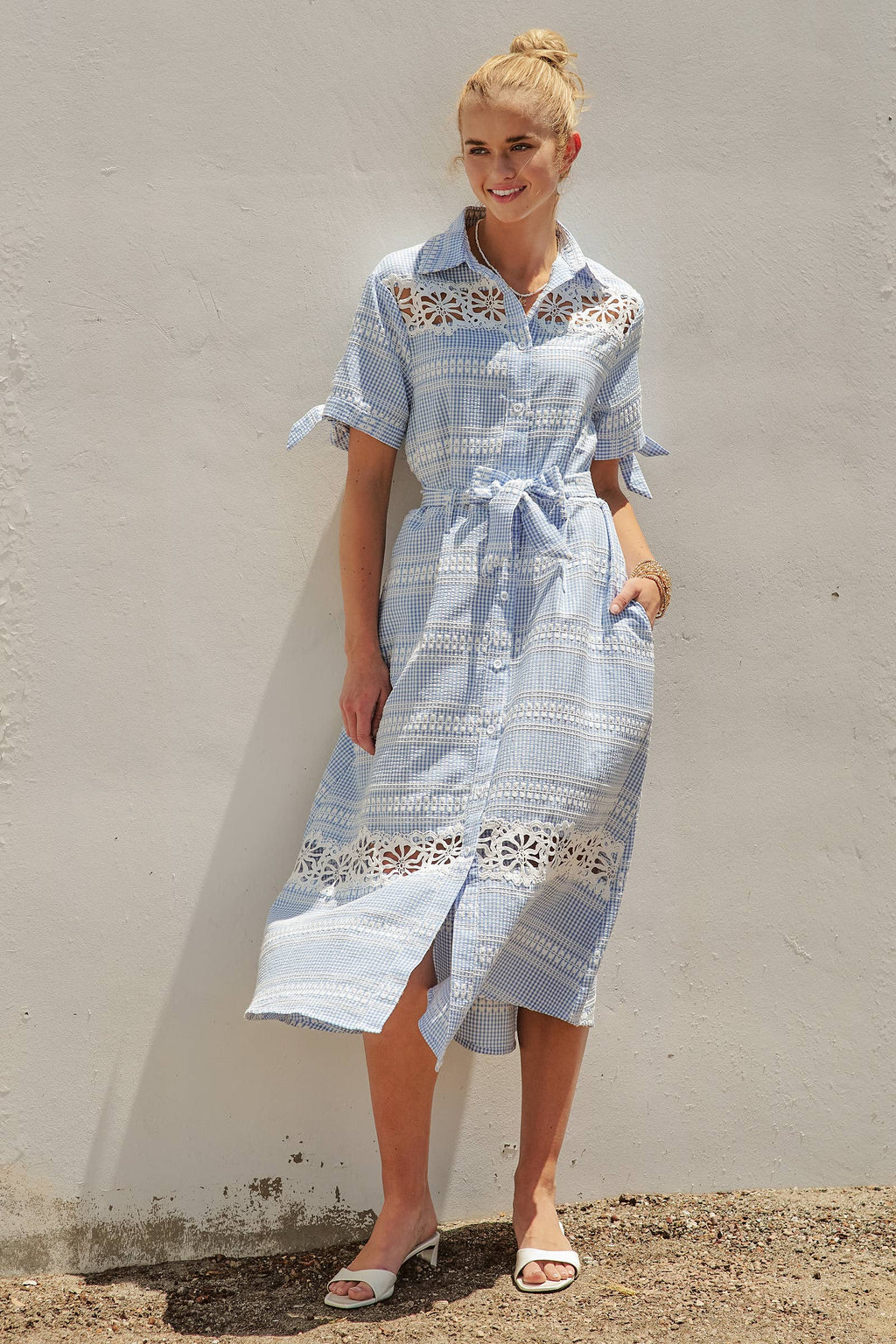 Gingham Cotton Shirt Dress Eyelet Embroidery
