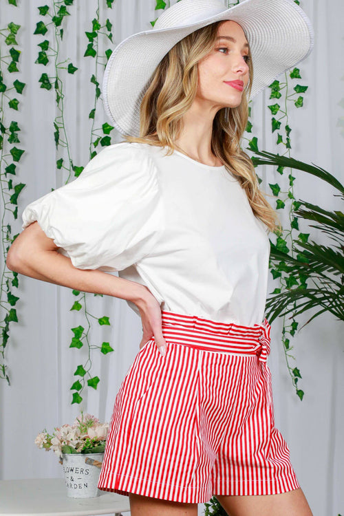 Bowknot Tie Waist Striped Cotton Shorts