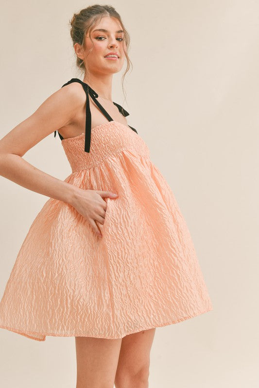 Smocked Bodice Mini Dress with Tie Straps in Peach