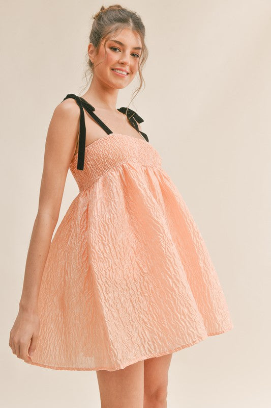 Smocked Bodice Mini Dress with Tie Straps in Peach