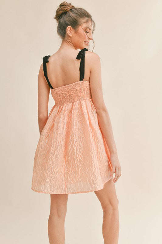 Smocked Bodice Mini Dress with Tie Straps in Peach