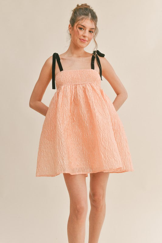 Smocked Bodice Mini Dress with Tie Straps in Peach