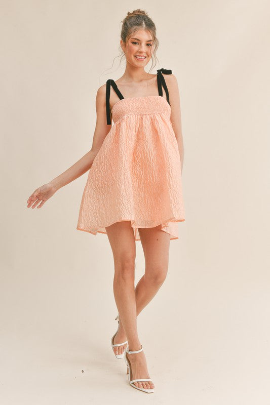 Smocked Bodice Mini Dress with Tie Straps in Peach