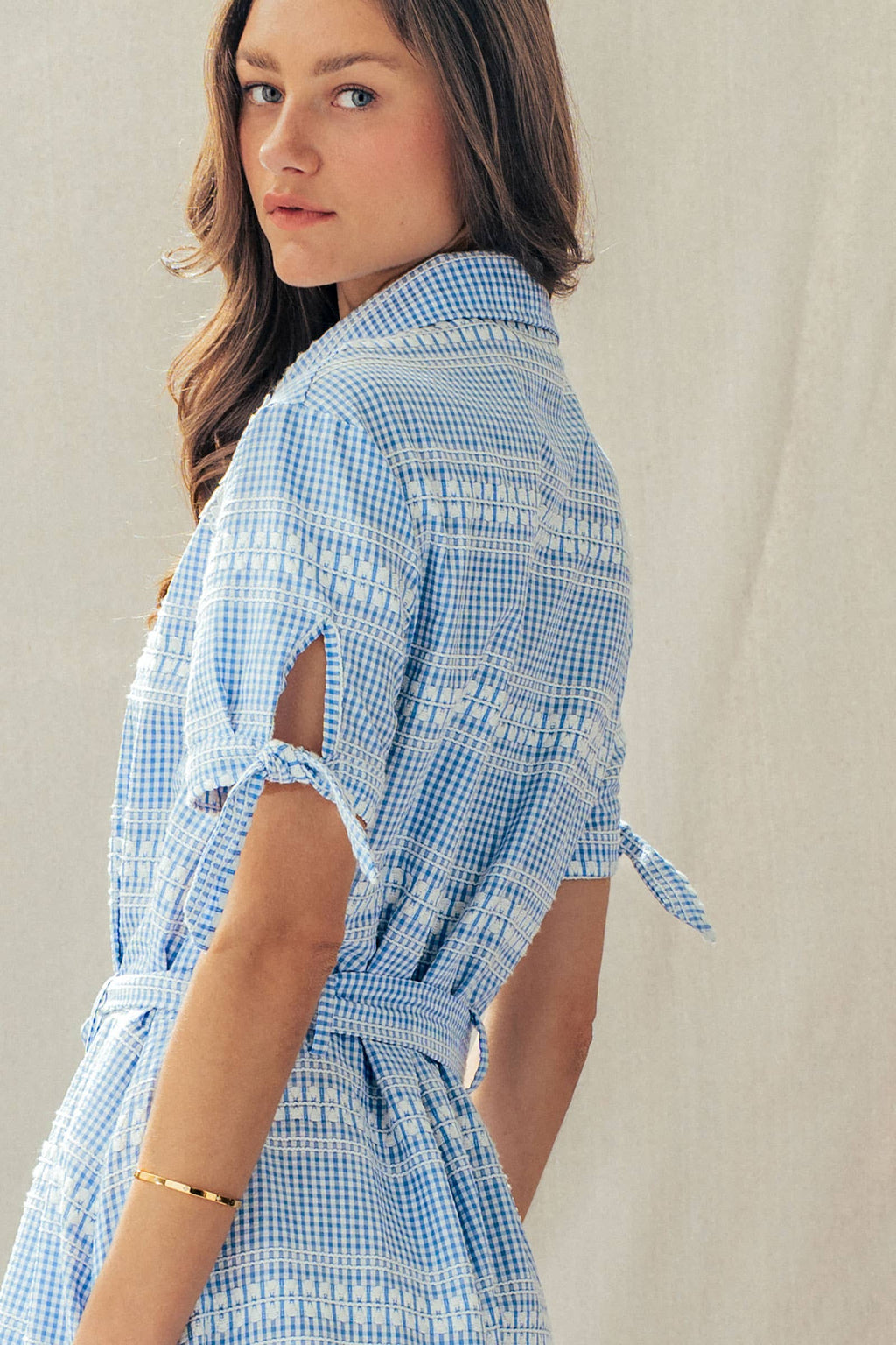 Gingham Cotton Shirt Dress Eyelet Embroidery