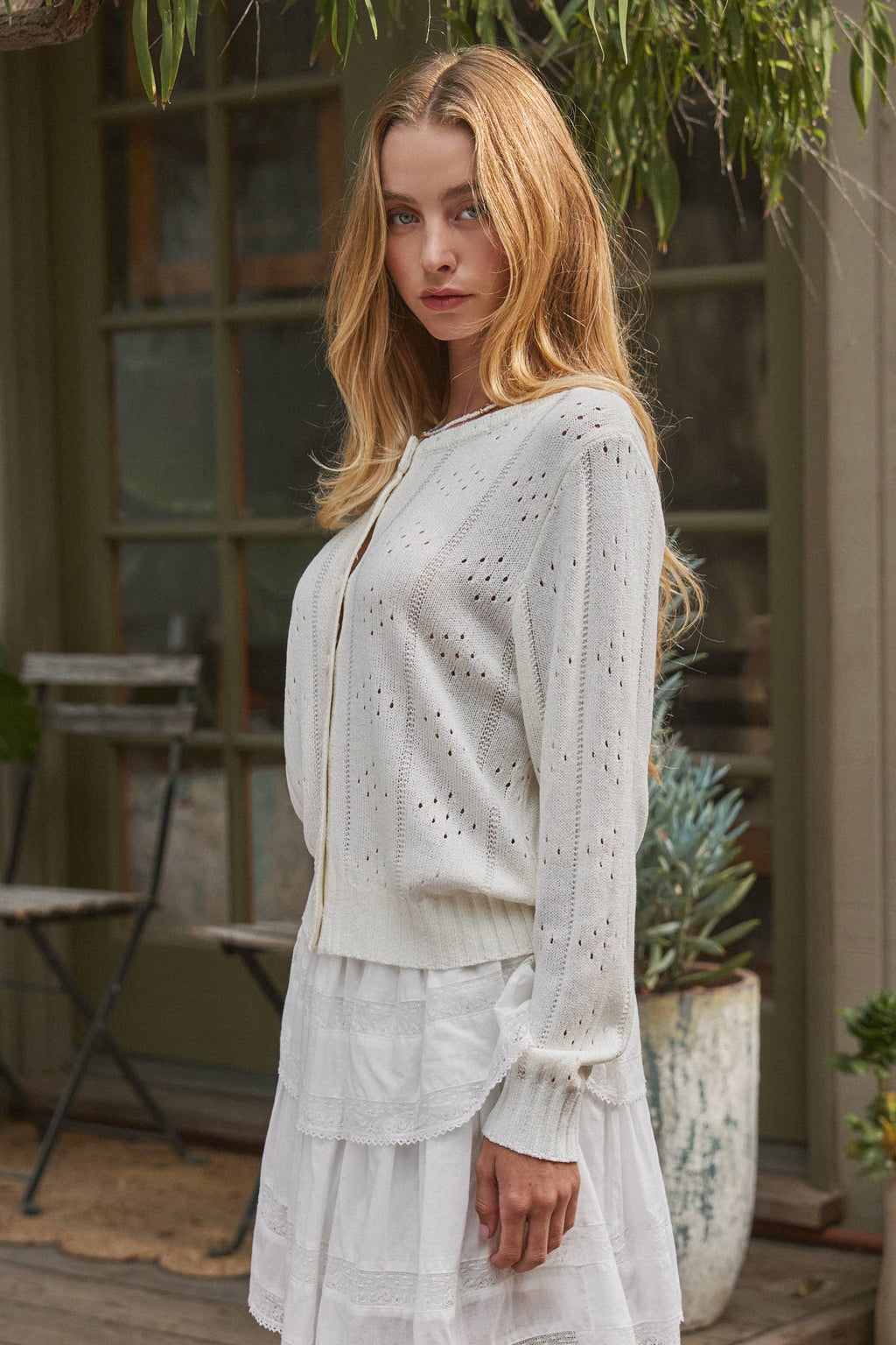 Pointelle Knit Cardigan Lace Trim Button Down