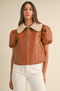 Shearling Lined Camel Puff Sleeve Cropped Leather Jacket with Peter Pan Collar
