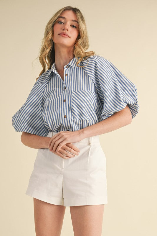 Blue and White Striped Bubble Sleeve Button Down Top