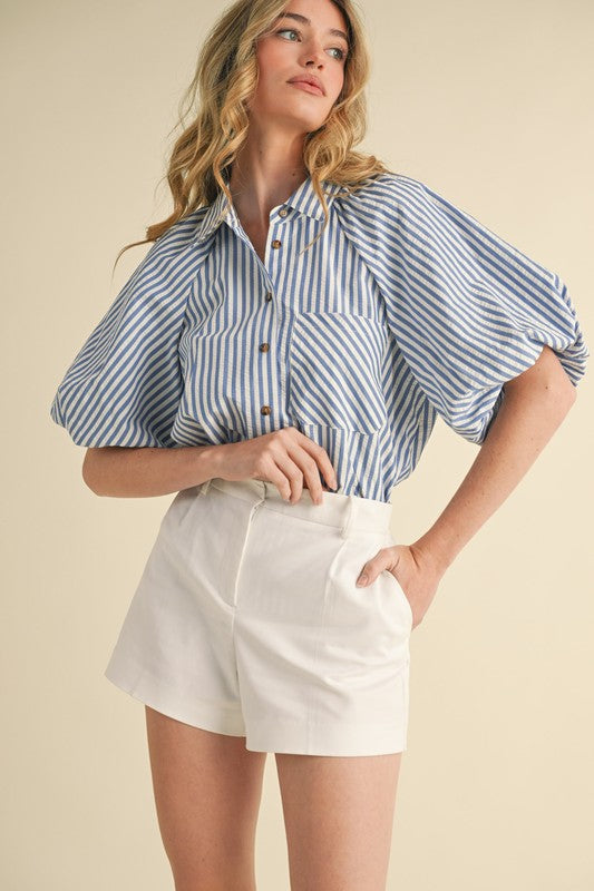 Blue and White Striped Bubble Sleeve Button Down Top