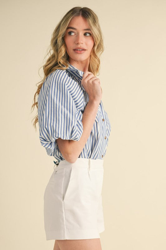 Blue and White Striped Bubble Sleeve Button Down Top