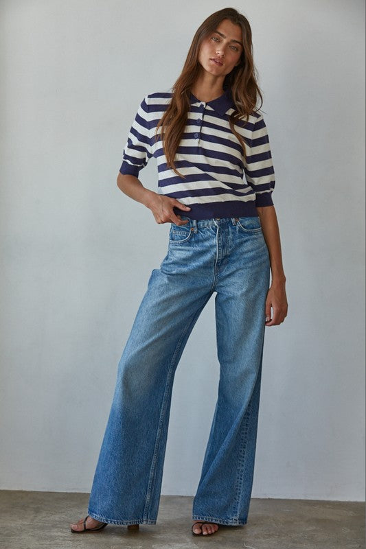 Wilde Striped Polo Top in Navy and White