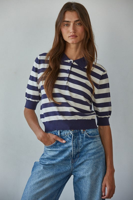 Wilde Striped Polo Top in Navy and White