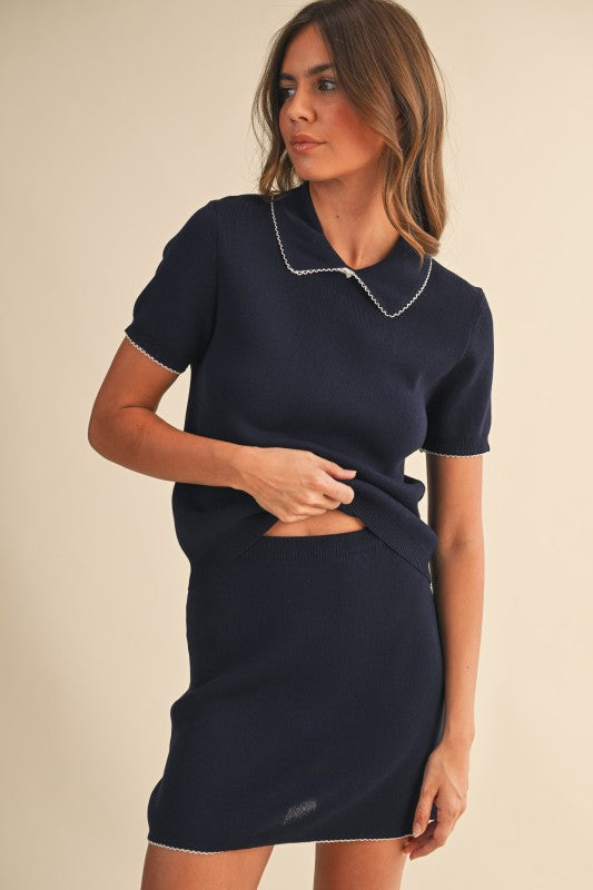 Navy Knit Short Sleeve Skirt Set with Contrast Trim