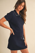 Navy Knit Short Sleeve Skirt Set with Contrast Trim