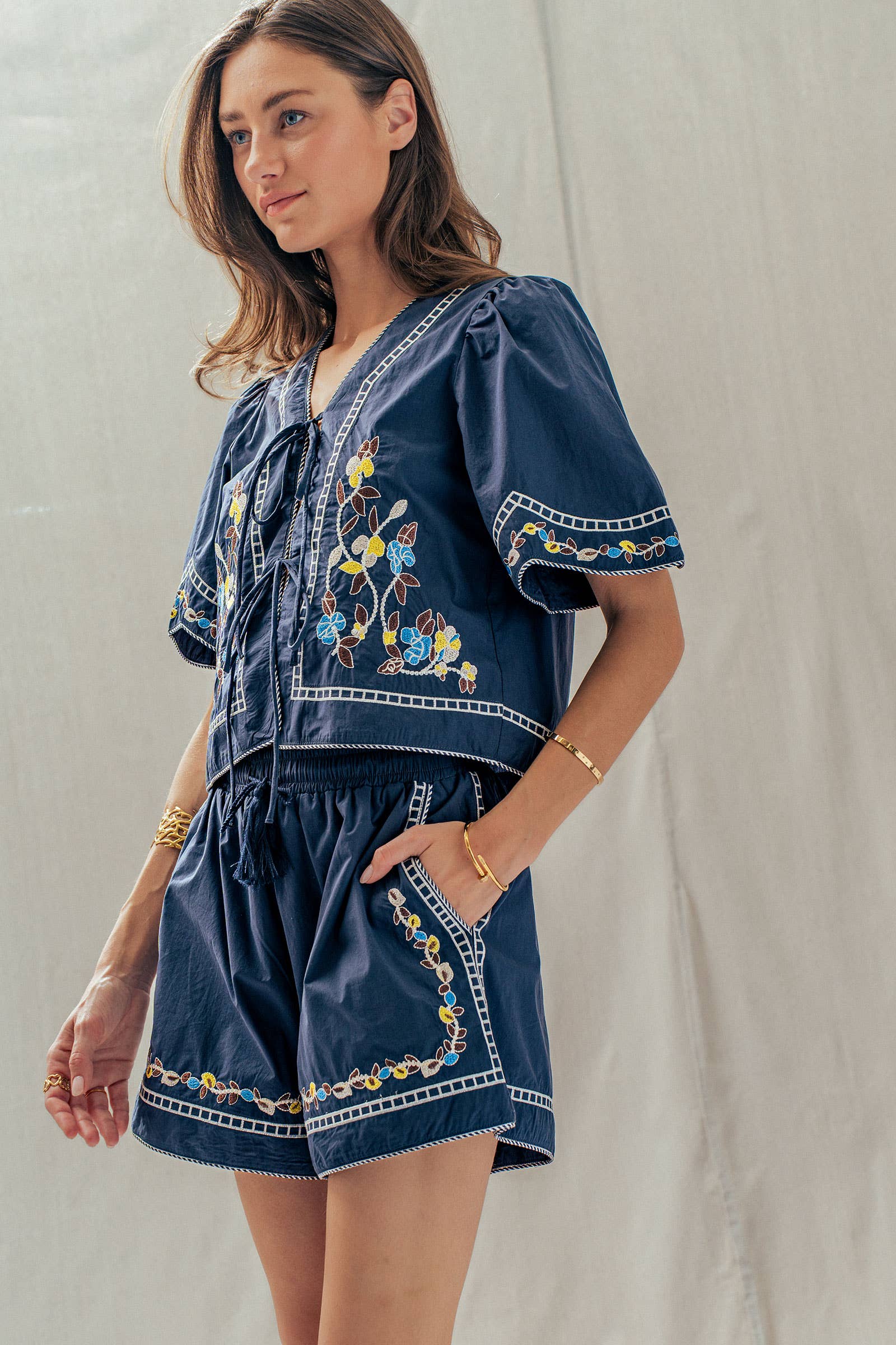Floral Embroidered Tie Front Cotton Top