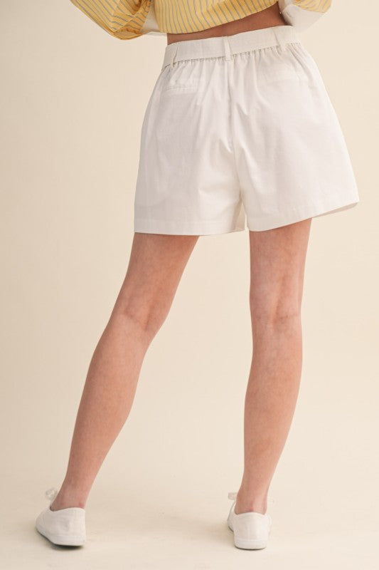 White Pleated High Waist Shorts with Rope Trim Belt