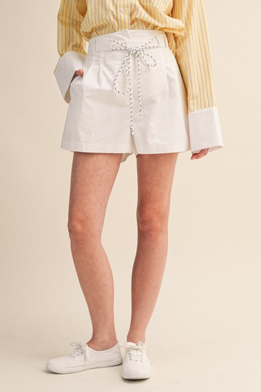 White Pleated High Waist Shorts with Rope Trim Belt