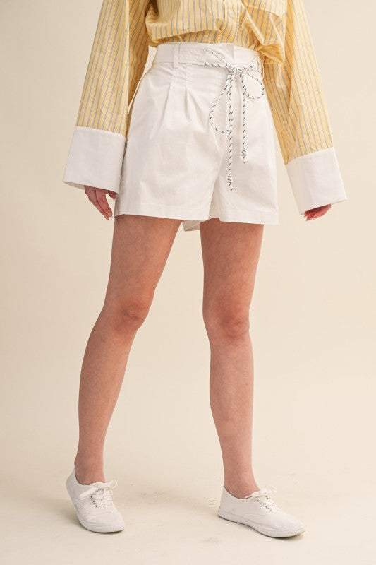 White Pleated High Waist Shorts with Rope Trim Belt