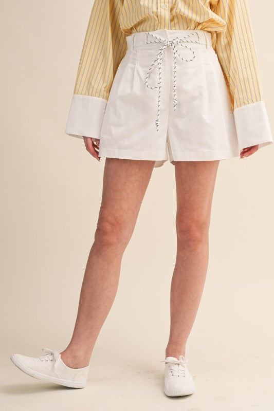White Pleated High Waist Shorts with Rope Trim Belt