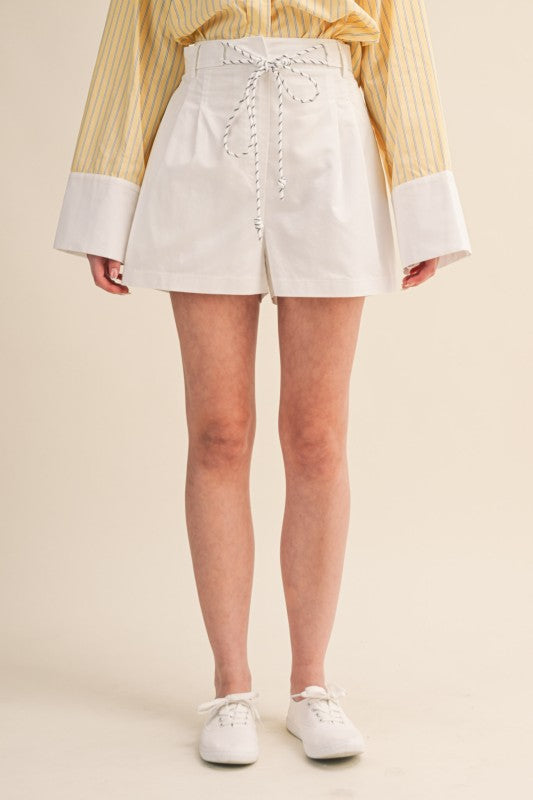 White Pleated High Waist Shorts with Rope Trim Belt