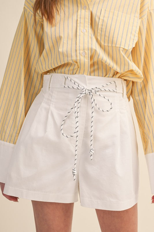 White Pleated High Waist Shorts with Rope Trim Belt