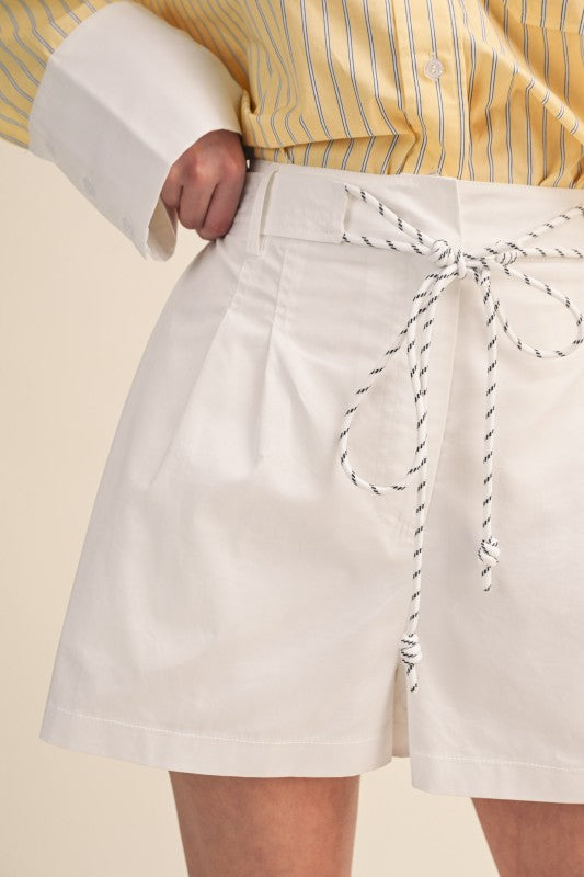 White Pleated High Waist Shorts with Rope Trim Belt