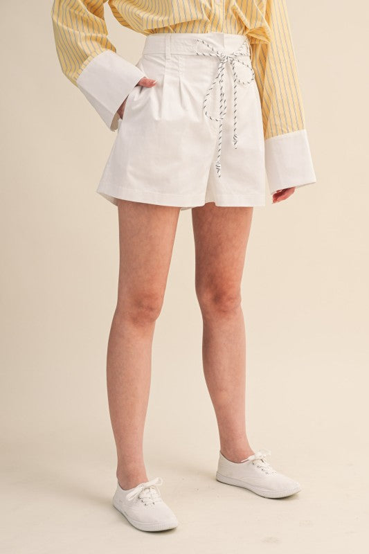 White Pleated High Waist Shorts with Rope Trim Belt