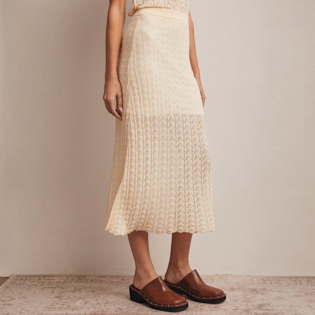 Pointelle Knit Midi Skirt in Cream