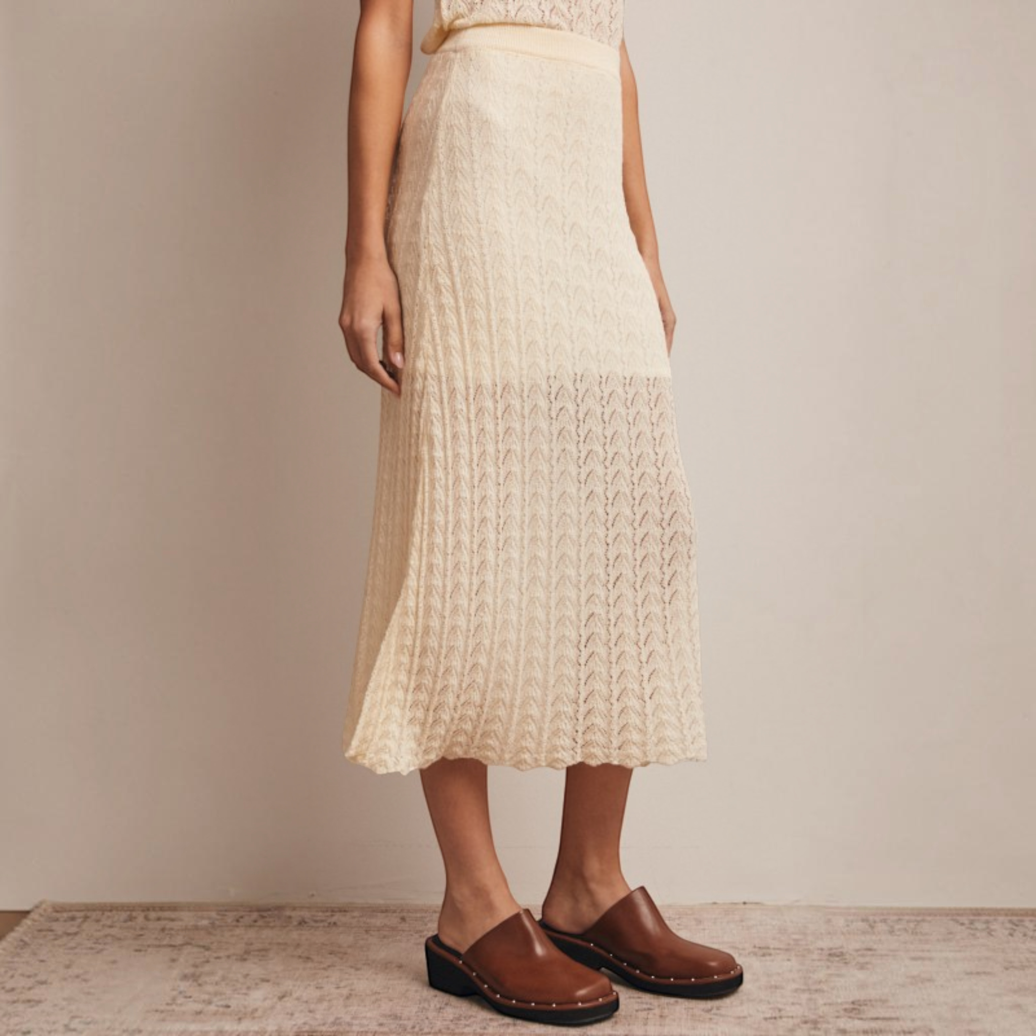 Pointelle Knit Midi Skirt in Cream
