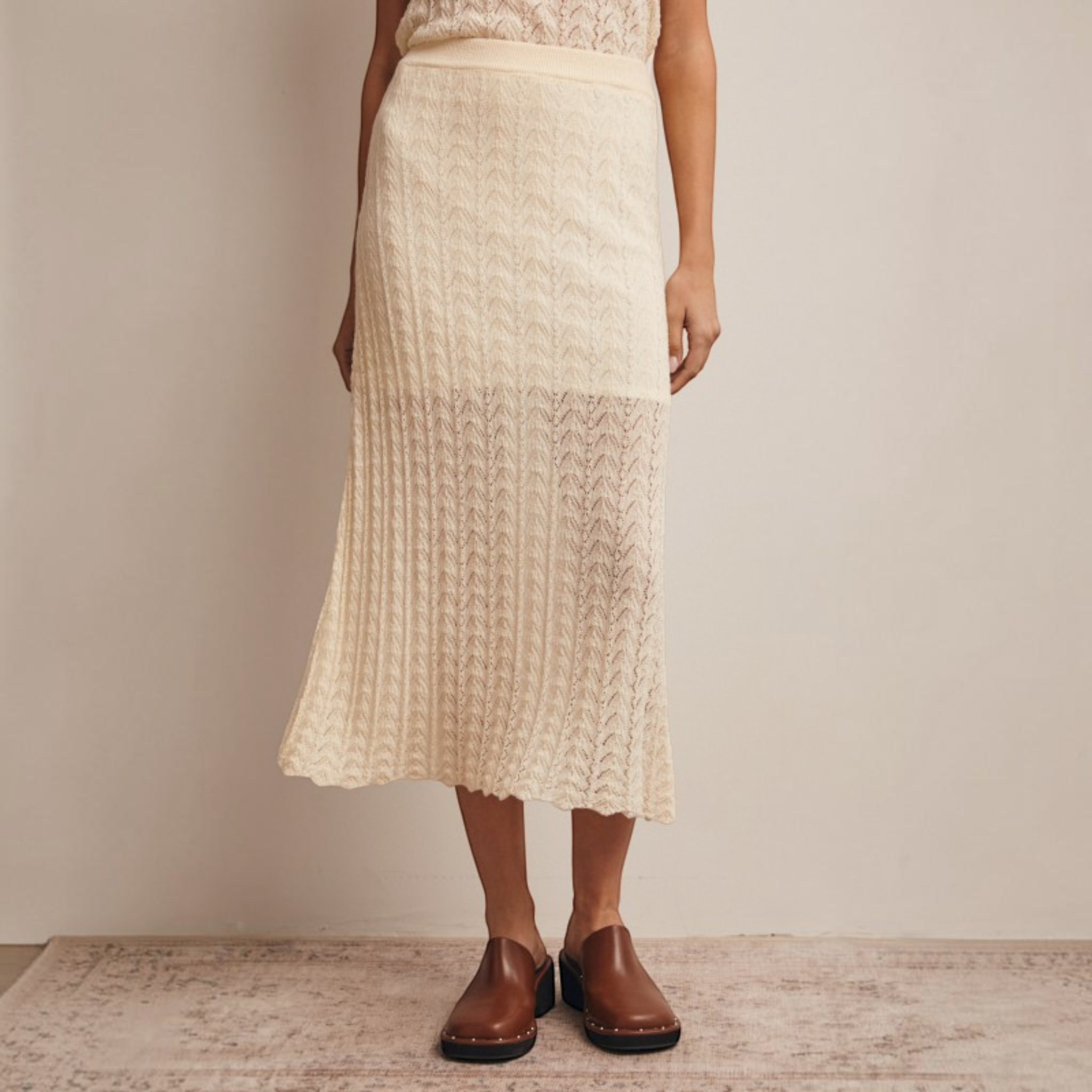 Pointelle Knit Midi Skirt in Cream