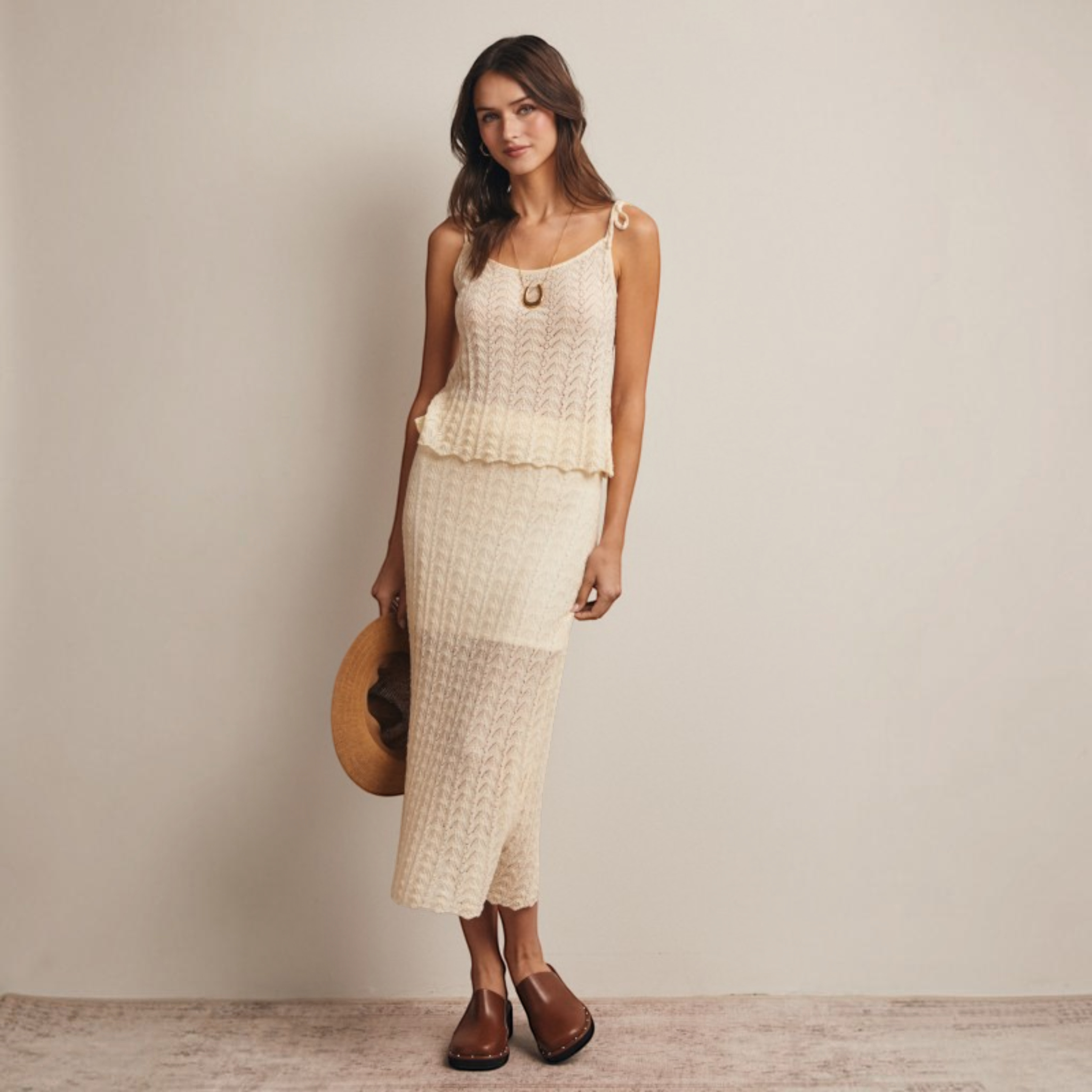 Pointelle Knit Midi Skirt in Cream