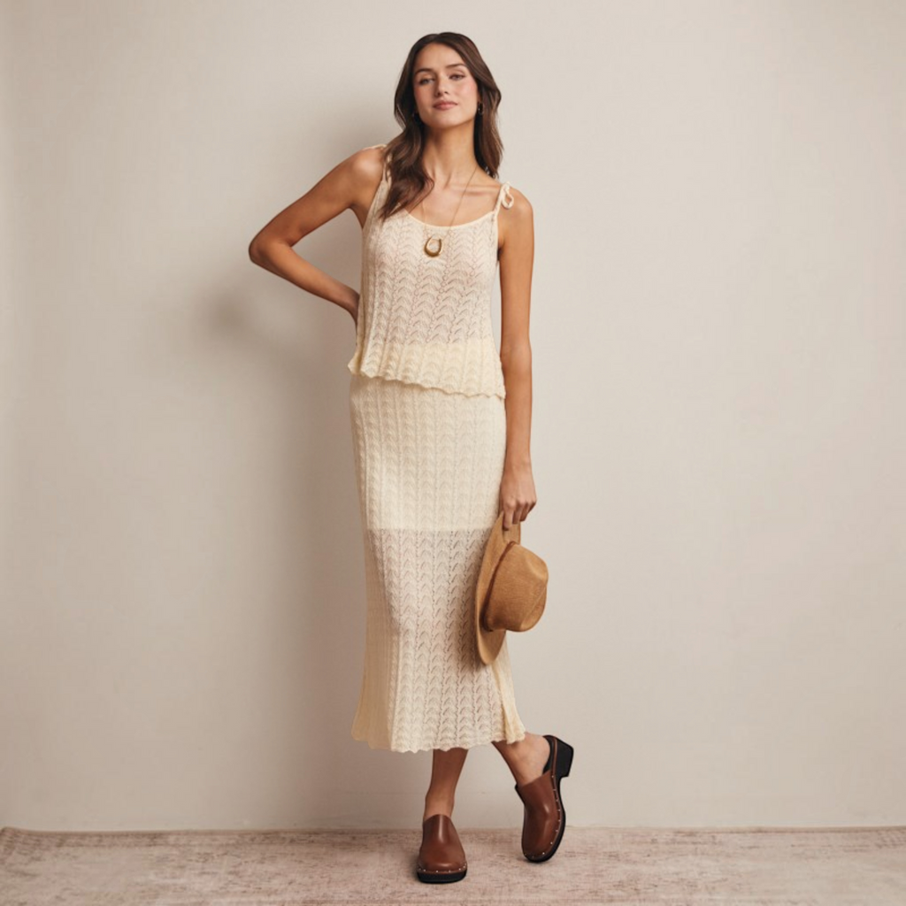 Pointelle Knit Midi Skirt in Cream