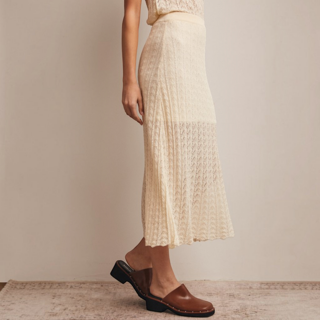 Pointelle Knit Midi Skirt in Cream