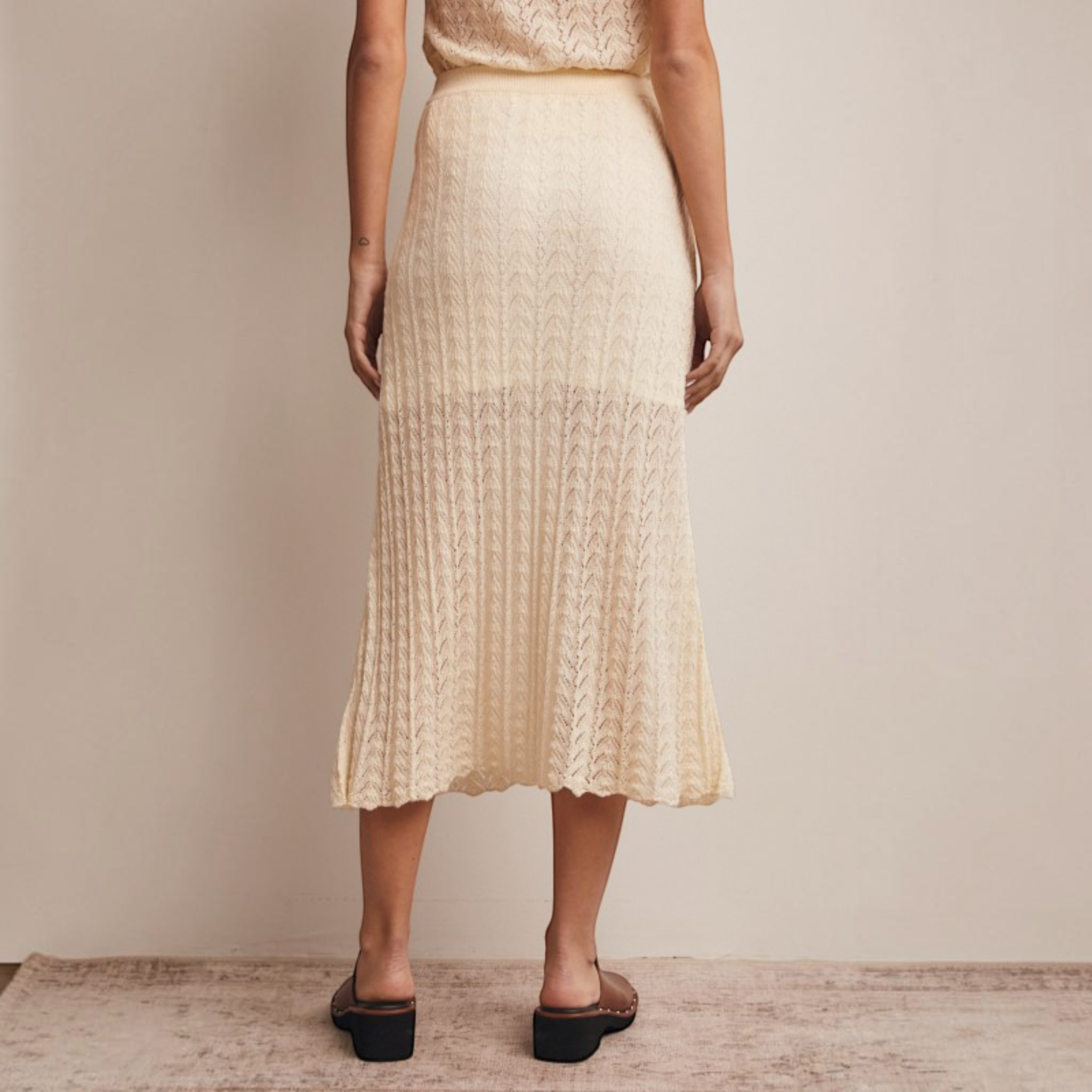 Pointelle Knit Midi Skirt in Cream