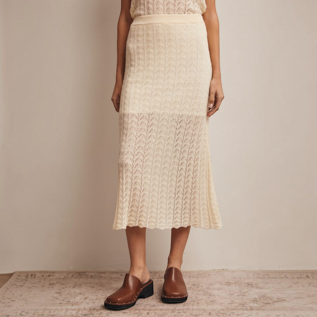 Pointelle Knit Midi Skirt in Cream
