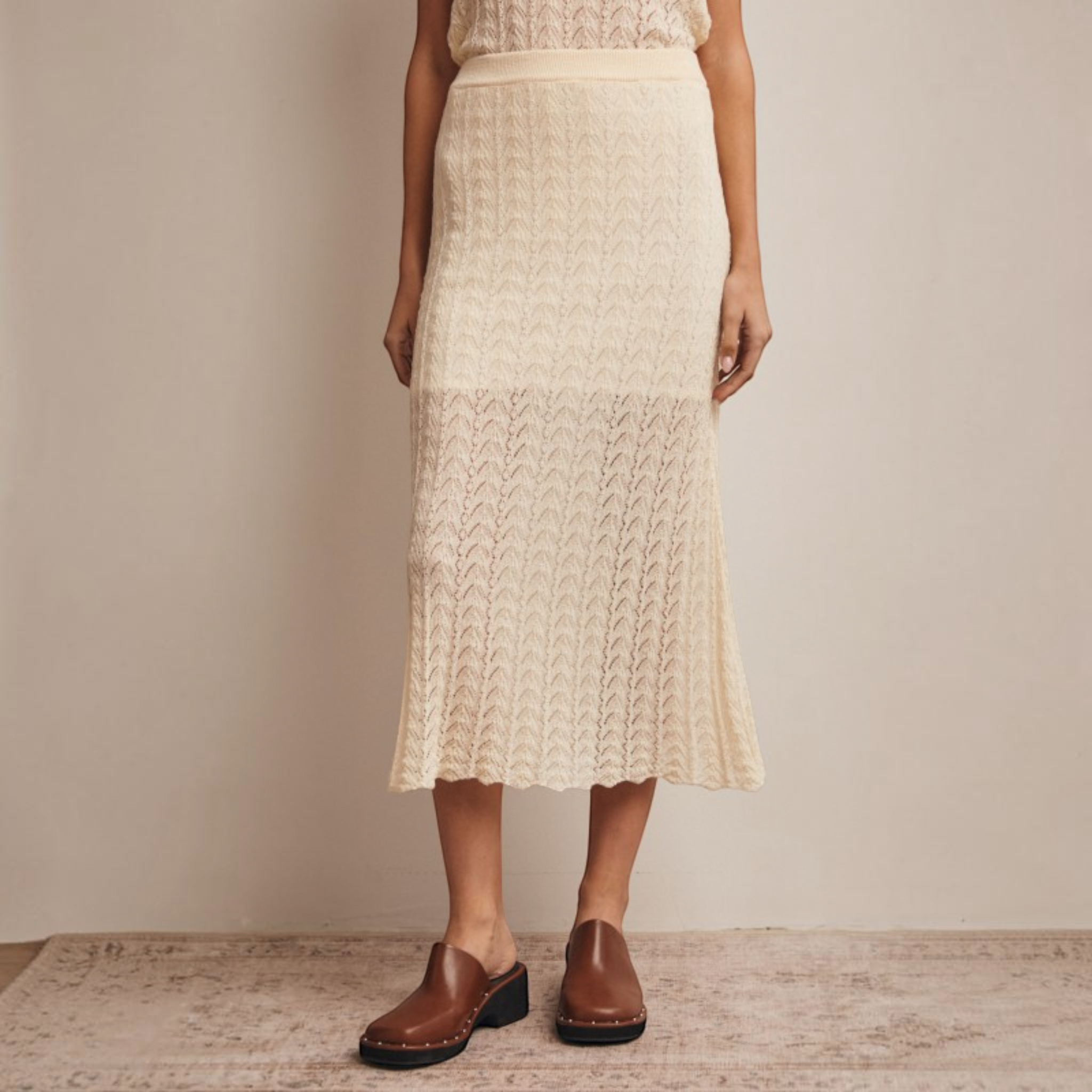 Pointelle Knit Midi Skirt in Cream