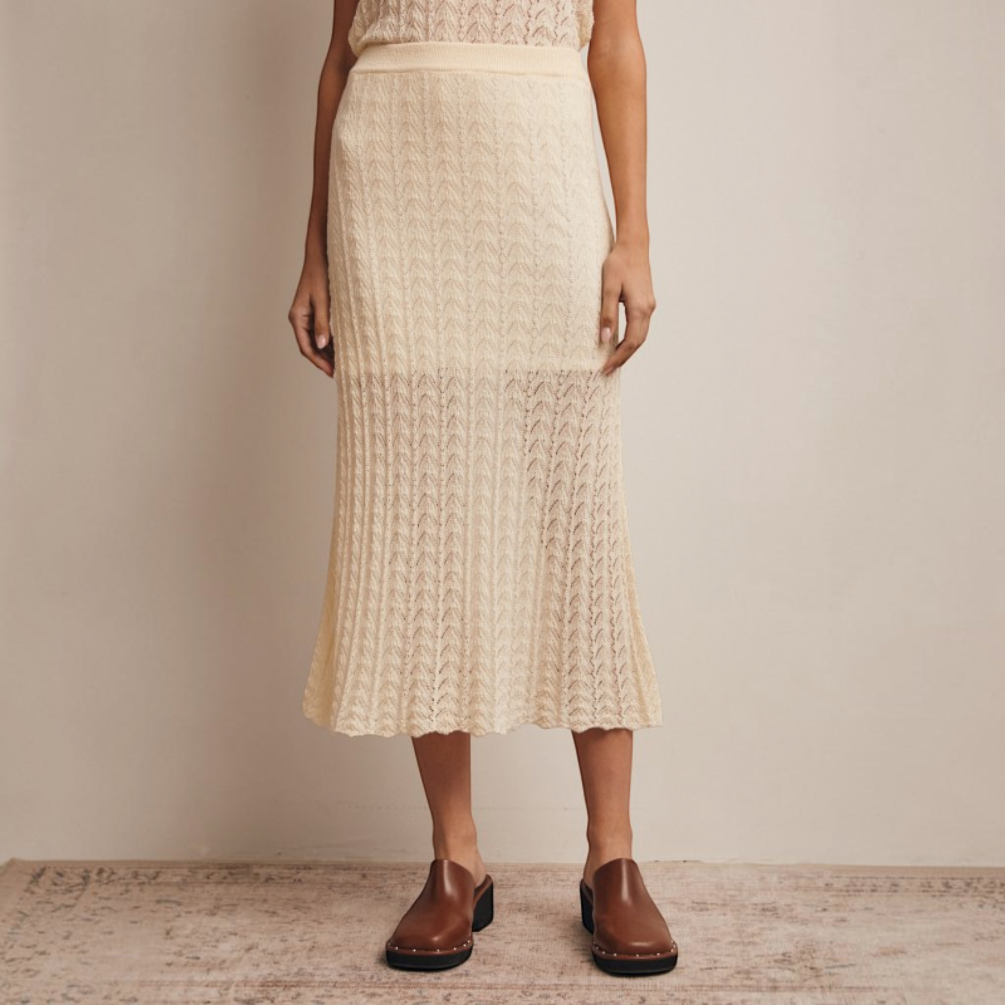 Pointelle Knit Midi Skirt in Cream