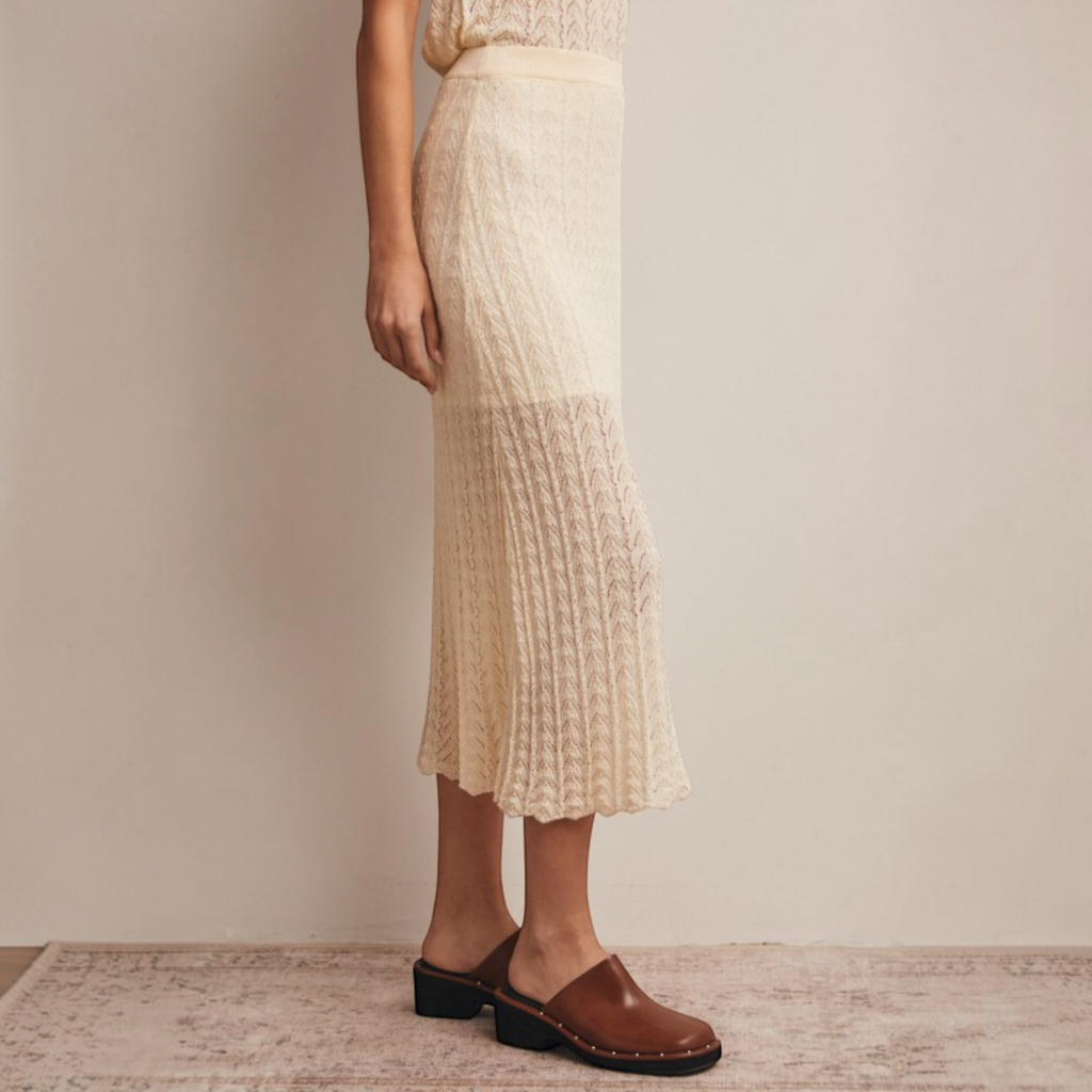 Pointelle Knit Midi Skirt in Cream