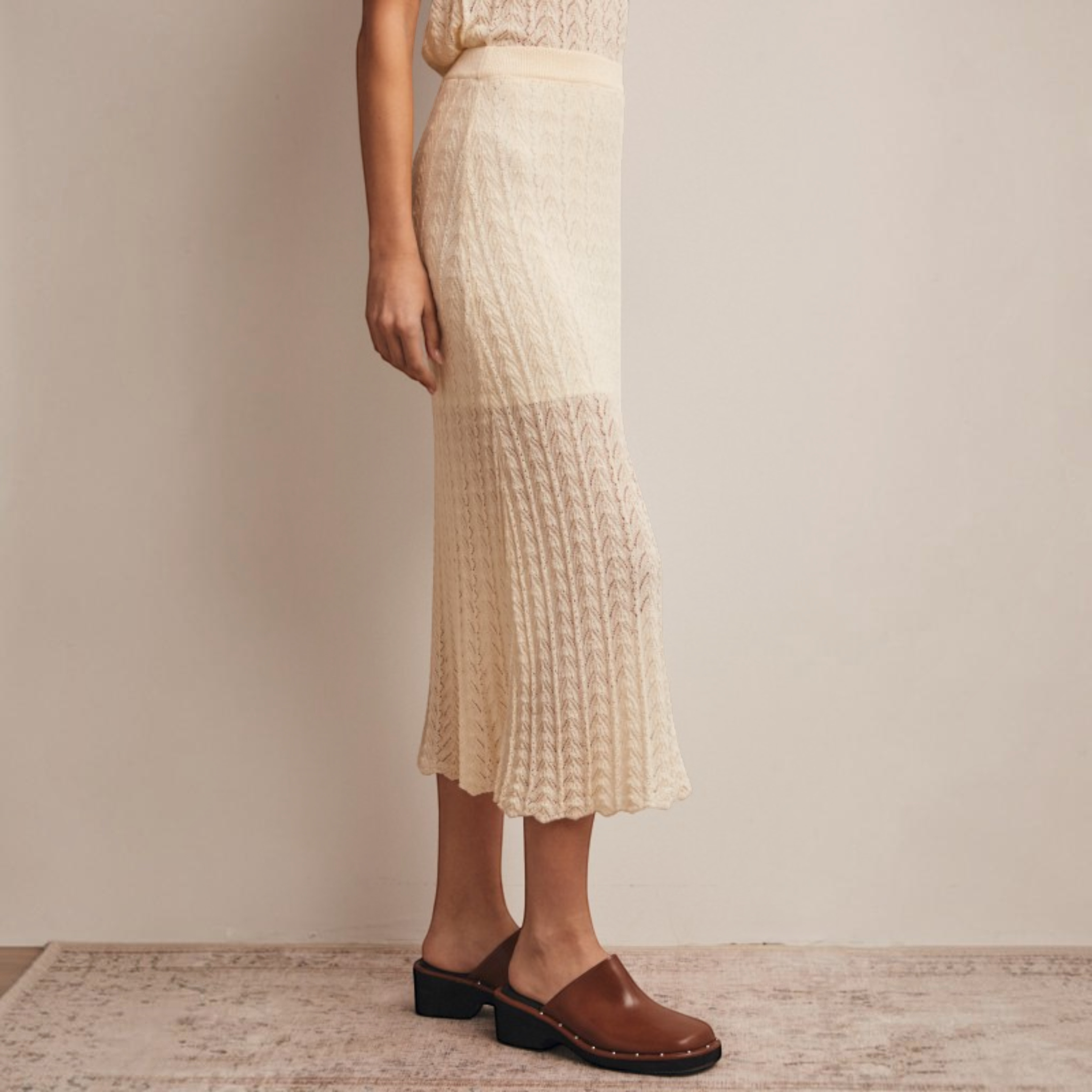 Pointelle Knit Midi Skirt in Cream