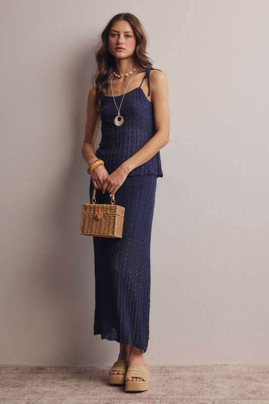 Pointelle Knit Midi Skirt in Navy Blue