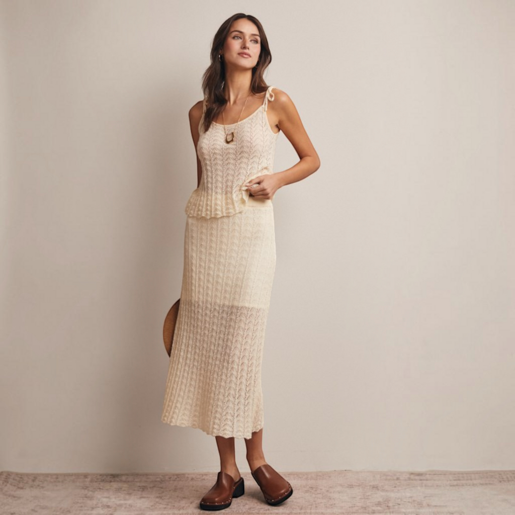 Pointelle Knit Midi Skirt in Cream