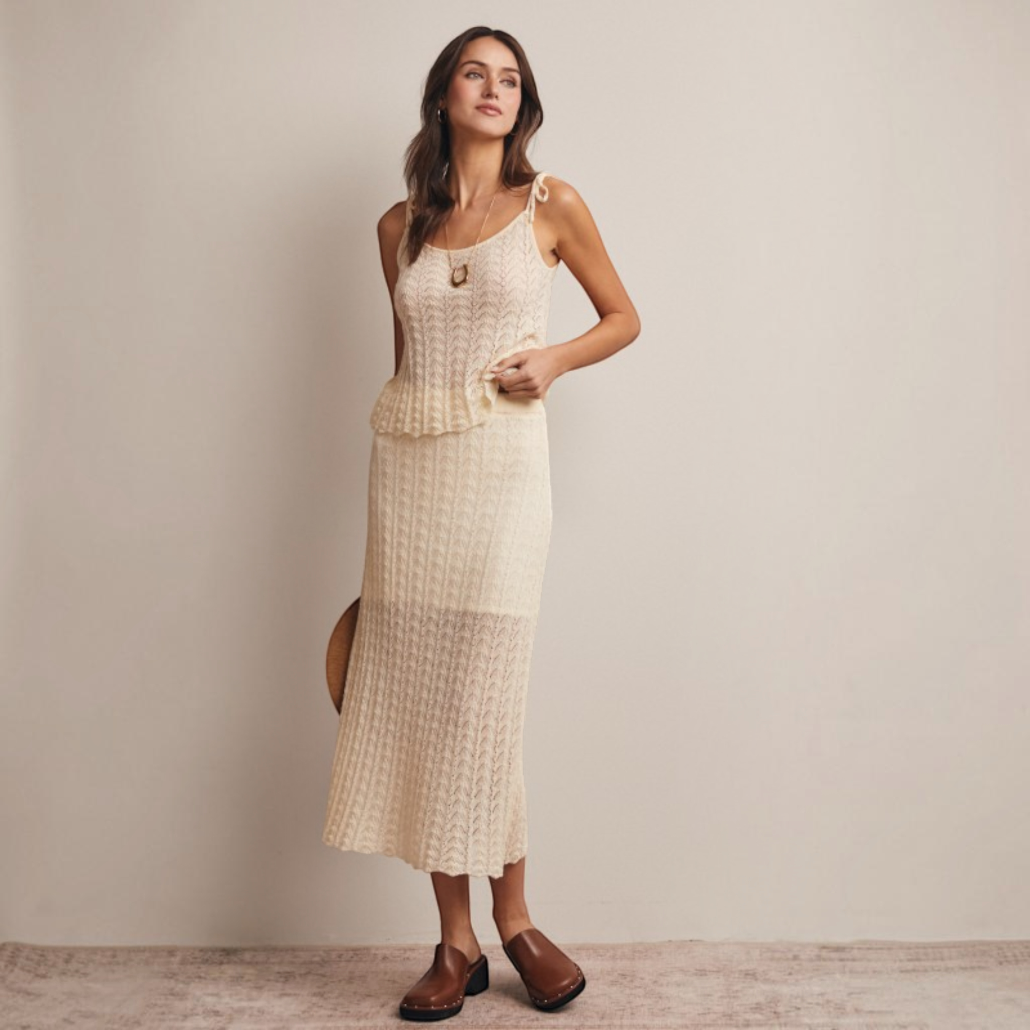 Pointelle Knit Midi Skirt in Cream