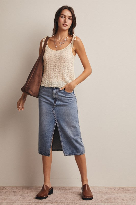 Pointelle Knit Tie-strap Cami Top in Cream