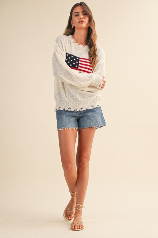 USA Flag Relaxed Fit Distressed Lightweight Sweater