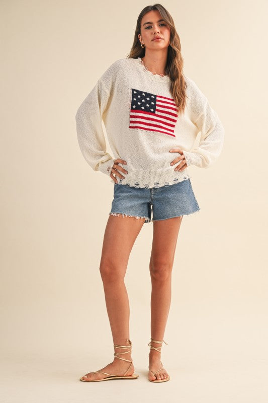 USA Flag Relaxed Fit Distressed Lightweight Sweater