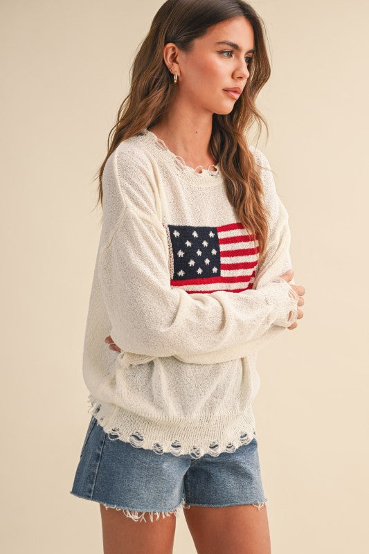 USA Flag Relaxed Fit Distressed Lightweight Sweater