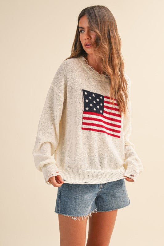 USA Flag Relaxed Fit Distressed Lightweight Sweater