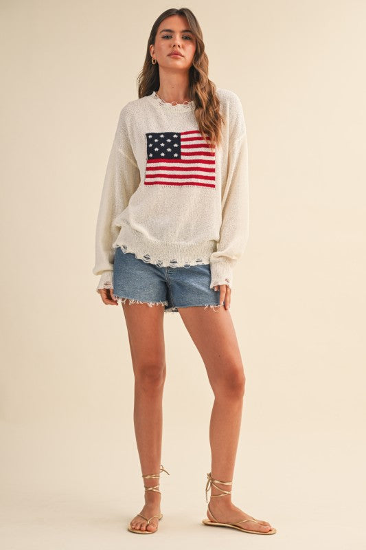 USA Flag Relaxed Fit Distressed Lightweight Sweater