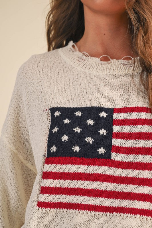 USA Flag Relaxed Fit Distressed Lightweight Sweater